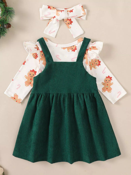 Children's Christmas Bodysuit and Overall Dress Set with Headband
