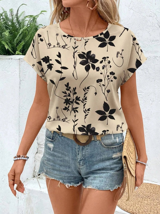 Printed Round Neck Short Sleeve Blouse