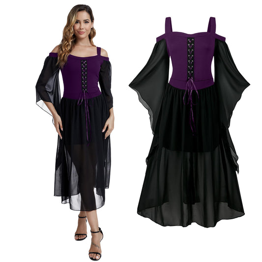 Medieval Costume Dress for Women - Renaissance Gothic Gown with Trumpet Sleeves
