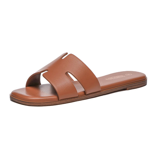 Women's Dressy Flat Sandals - Comfortable Slip On Leather Slide Sandals