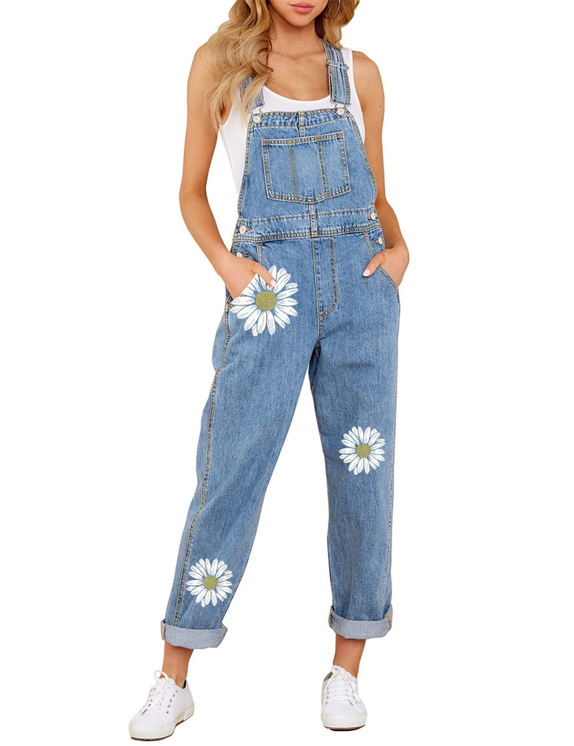 Denim Bib Overalls - Adjustable Loose Fit Jeans Jumpsuit for Women 2 Custom Daisy Printing