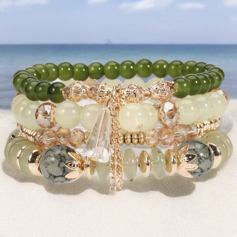 Caiyao 4Pcs Bohemia Multilayer Stackable Beaded Bracelets Set Colorful Crystal Stone Gold Beaded Stretch Bracelets Hawaii Charm Bracelet for Women Men Summer Beach Boho Vacation Jewelry Gifts-Green