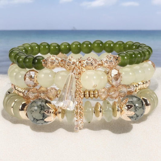 Caiyao 4Pcs Bohemia Multilayer Stackable Beaded Bracelets Set Colorful Crystal Stone Gold Beaded Stretch Bracelets Hawaii Charm Bracelet for Women Men Summer Beach Boho Vacation Jewelry Gifts-Green