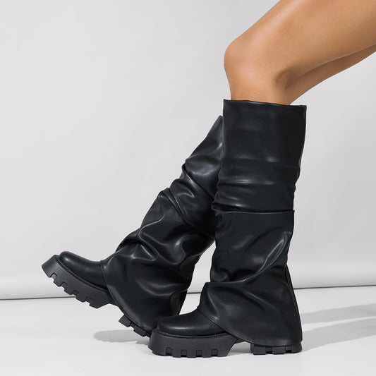Tasteall Fold Over Boots for Women, Wide Calf Slouchy Boots, Chunky Platform Boots with Mid Calf, Black Size 7