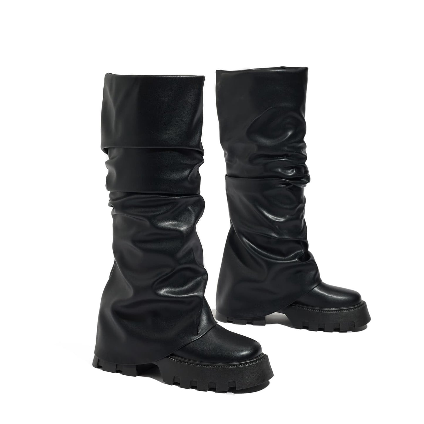 Tasteall Fold Over Boots for Women, Wide Calf Slouchy Boots, Chunky Platform Boots with Mid Calf, Black Size 7