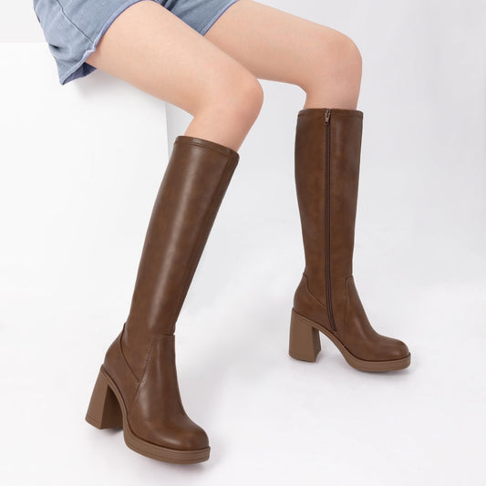 Athlefit Knee High Boots Women Chunky Platform High Heel Tall Boots Square Toe Fashion Dress Stretch Long Heeled Booties Tan Size 7.5