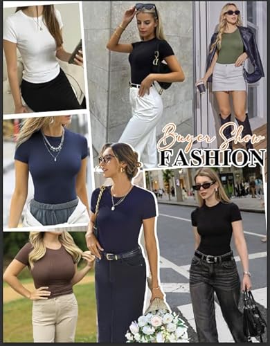 Ekouaer Women's Crew Neck Shirts Summer Slim Fit Tops Fashion Ribbed Knit Tees Going Out Casual Blouse Black S