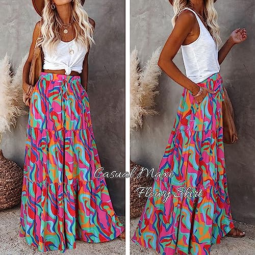 Trendy Lightweight Drawstring Tiered Ruffles Paisley Hippie Plus Size Bohemian Long Maxi Skirt with Deep Pockets Office Music Festival Travel Picnic Dating Fall Outfits Multicolor Abstract Wave M