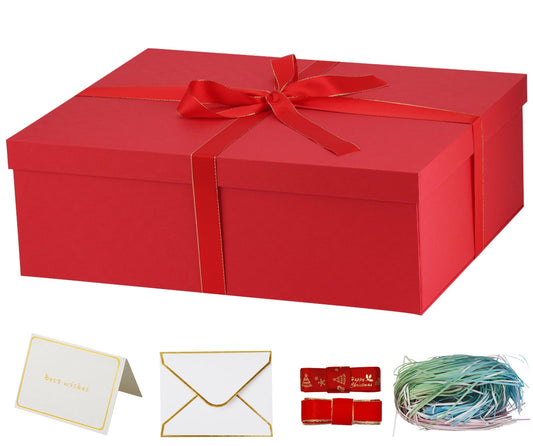 Large Gift Box with Lid 16.5x13x5.5 inches - Includes Card, Ribbons & Filler 1 Count (Pack of 1) red