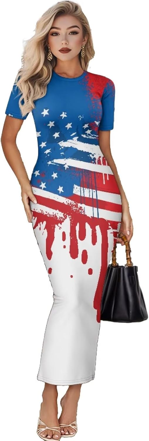 Women's Jamaican Flag Bodycon Midi Dress Short Sleeve XX-Large / Jamaican Flag Design Women's Jamaican Flag Bodycon Midi Dress Short Sleeve XX-Large / Jamaican Flag Design