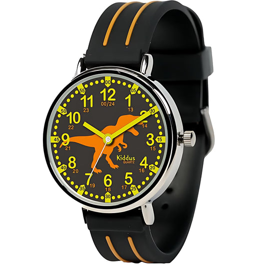 Kids Time Teacher Watch - Educational Analog Watch with Japanese Quartz Movement Ages 5-12 B. Color Handles 06 DINO. Black & Orange
