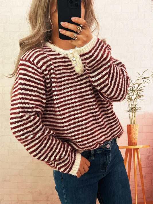 Striped Button Detail Long Sleeve Sweater
