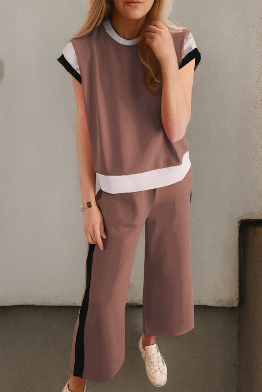 Polyester Two-Piece Set with Contrast Top & Pants