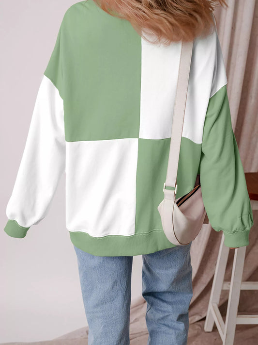 Colorblock Henley High Low Oversize Sweatshirt