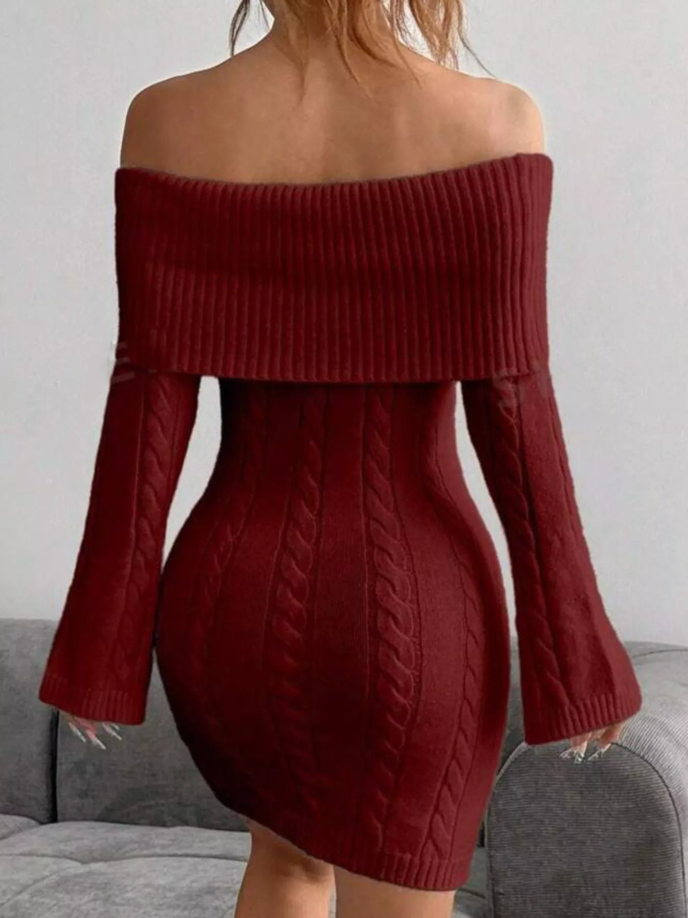 Off-Shoulder Cable Knit Bodycon Sweater Dress