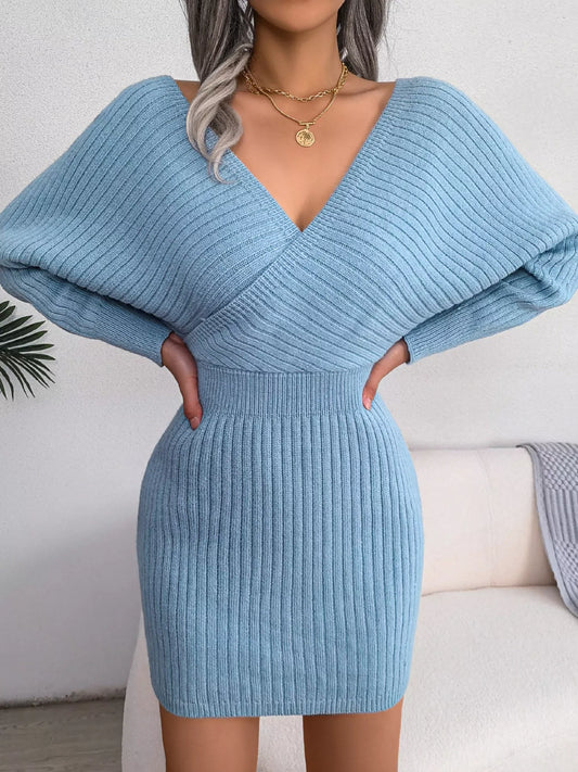 Surplice Long Sleeve Sweater Dress