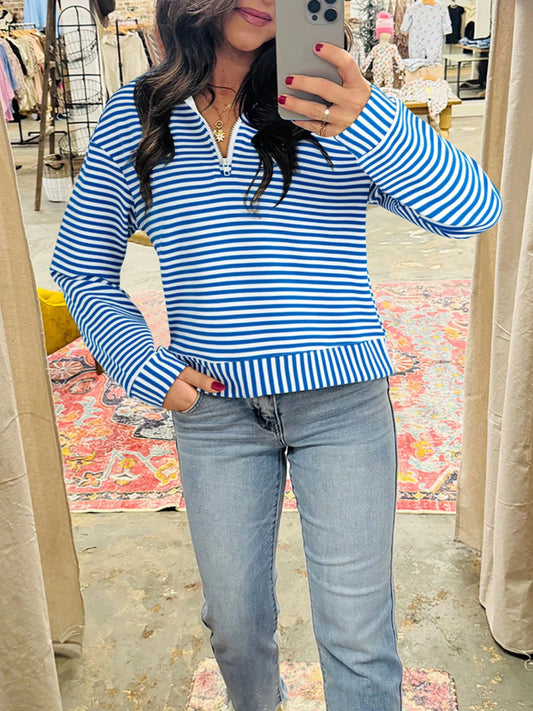 Stripe Quarter Zip Collar Long Sleeve Top