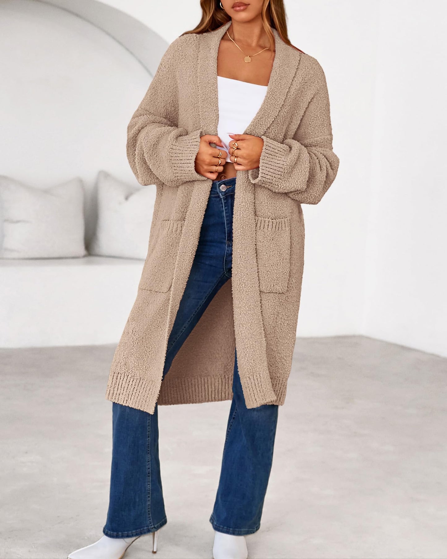 Women's Long Cardigan Sweater - Open Front Oversized Knit Coat with Pockets