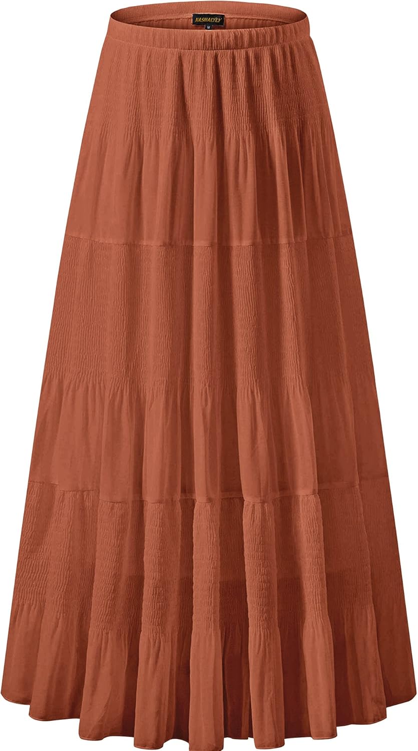 Chiffon Maxi Skirt for Women - High Waist Pleated A-Line Flared Long Skirt Coffee2