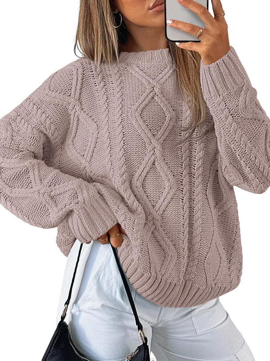 Women's Oversized Cable Knit Crewneck Sweaters - Cozy Fall Pullover