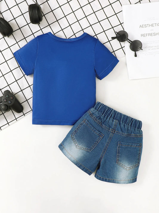 Children's Letter Round Neck Top and Denim Shorts Set