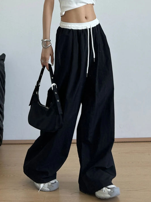 Wide Leg Drawstring Casual Pants Black Lengthened