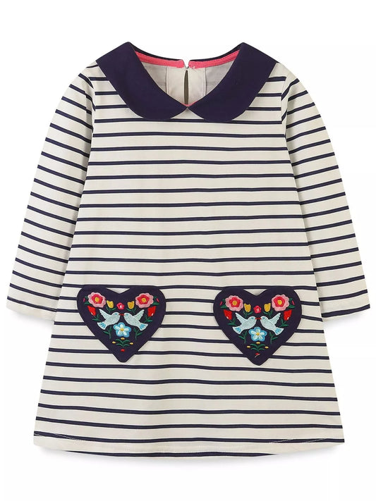 Children's Embroidered Striped Long Sleeve Dress