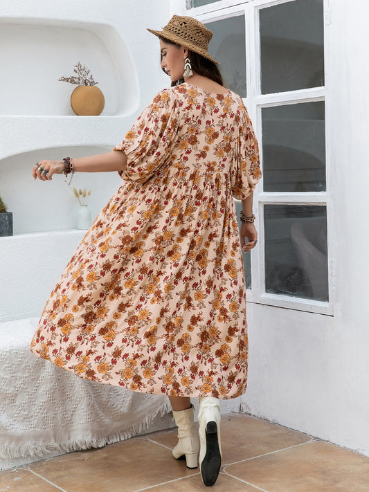 Back-to-School Plus Size Printed Tie-Neck Midi Dress