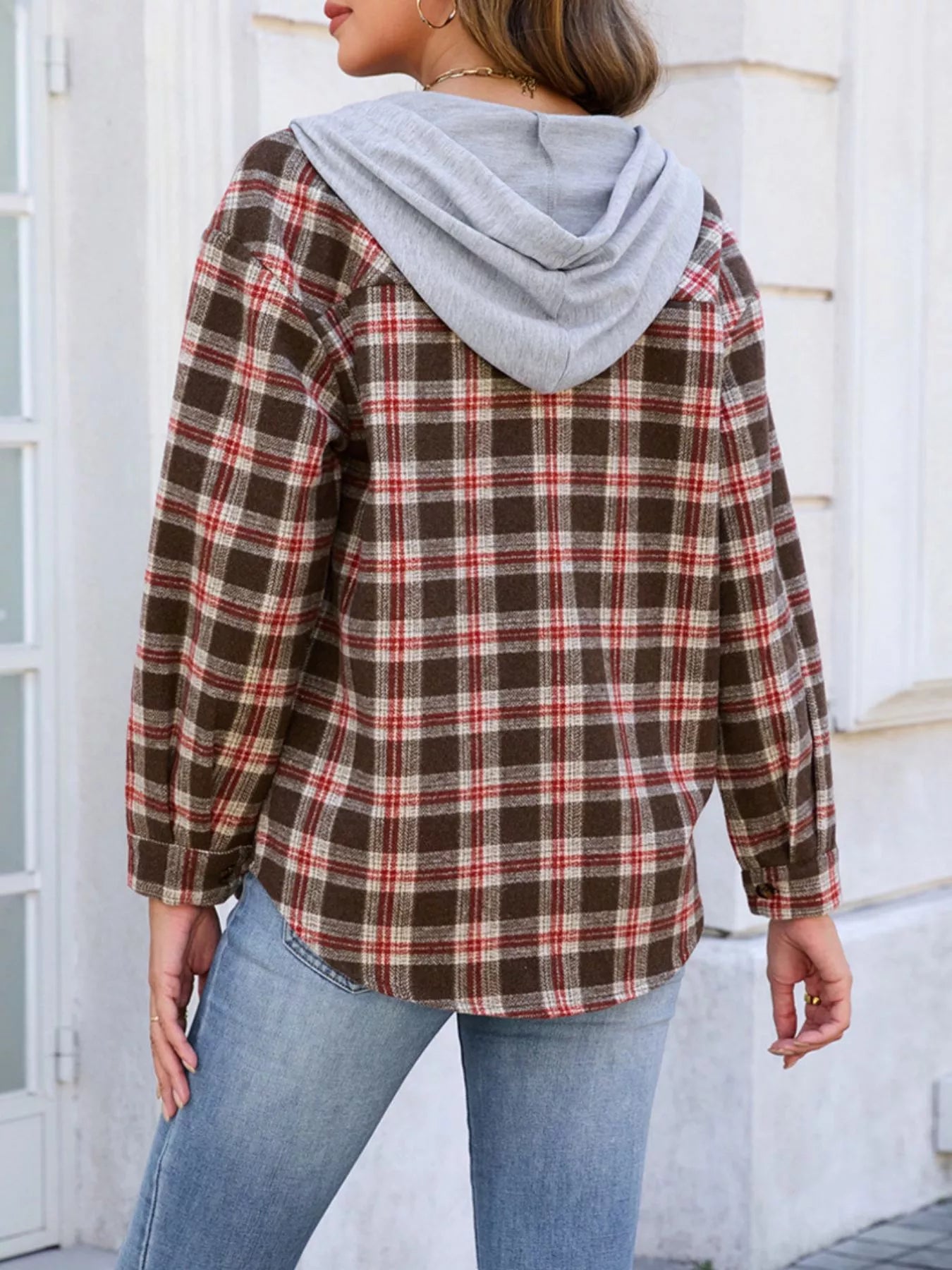 Hooded Plaid Button-Up Shacket
