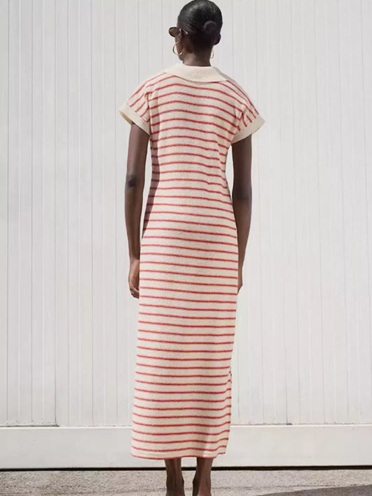 Striped Slit Short Sleeve Maxi Dress
