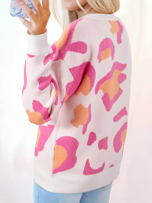 Leopard Print Drop Shoulder Baggy Sweater