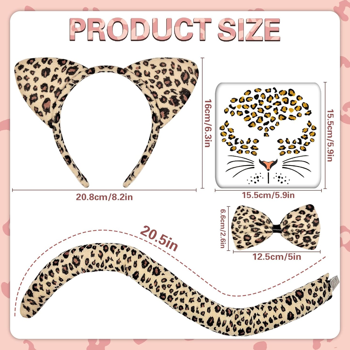 Valentine Leopard Costume - Animal Ears Headband Tail and Face Stickers - Halloween Leopard Cat Costume