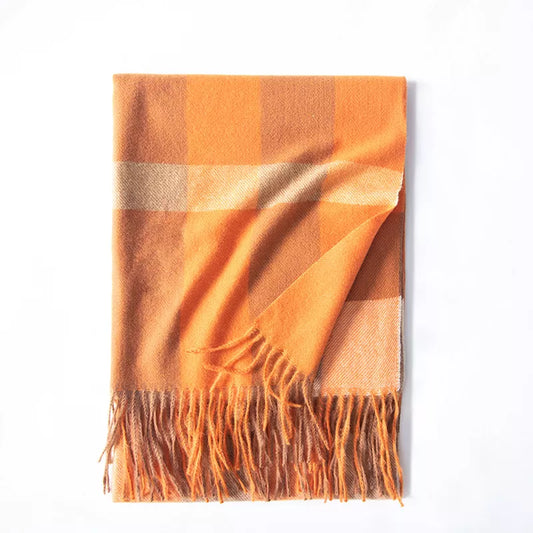 Plaid Tassel Scarf Bright Orange One Size
