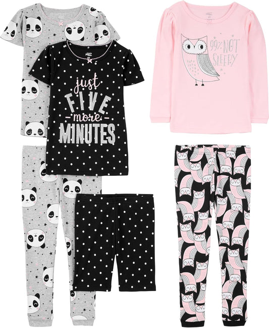Girls Cotton Pajama Set 6-Piece - Snug Fit PJ Pack for Babies Toddlers