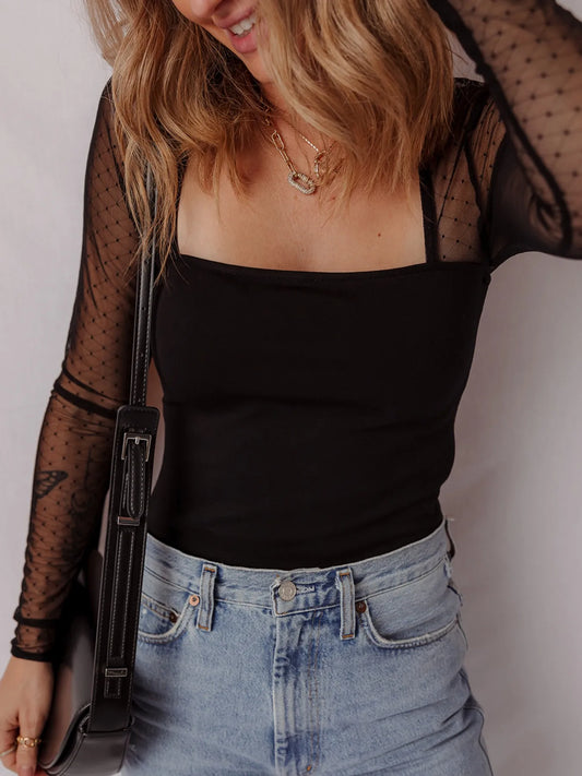 Mesh Sleeve Square Neck Bodysuit