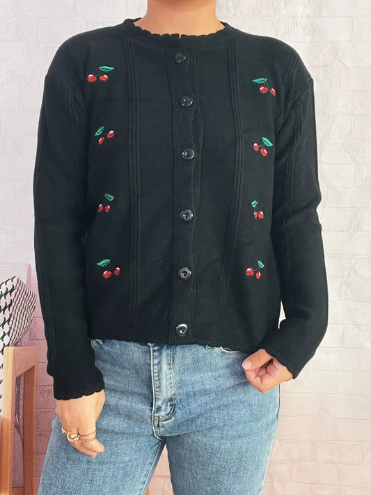 Cherry Embroidered Button Up Cardigan