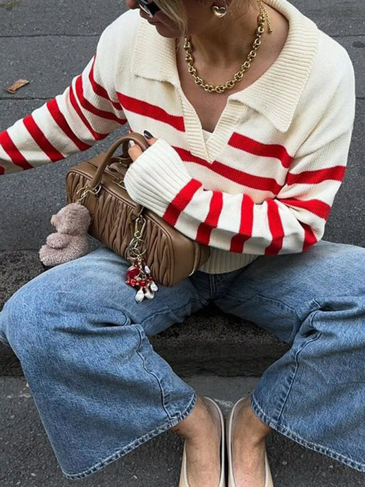 Striped Knit Polo Collar Sweater