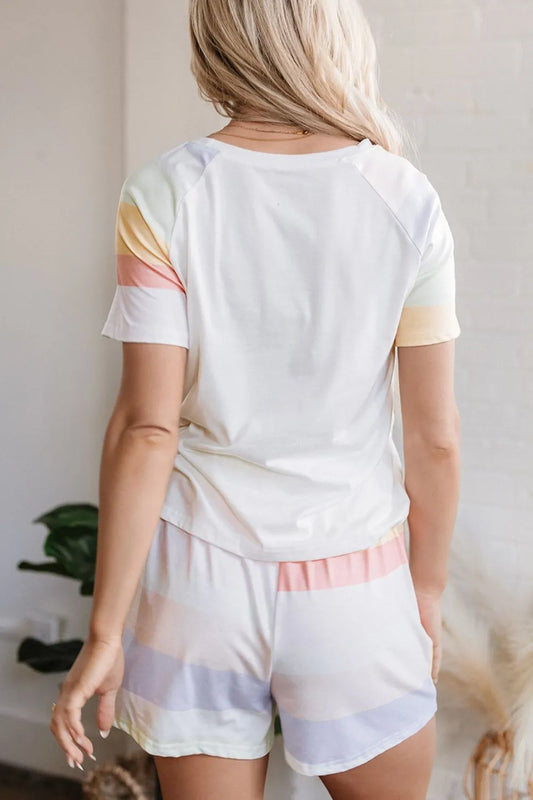 Rainbow Striped Round Neck T Shirt and Shorts Lounge Set