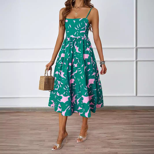 Vacation Spaghetti Strap Backless A line Long Casual Swing Printing Dress Women