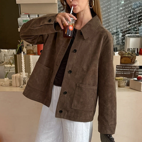 Autumn Winter Retro Maillard Suede Collared Long Sleeved Coat Women Simple Light Luxury Loose Figure Flattering