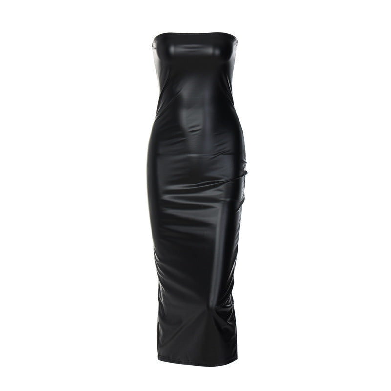 Women Clothing Autumn Sleeveless Tube Top Sexy Slimming Slit Mid Length Sheath Dress Women