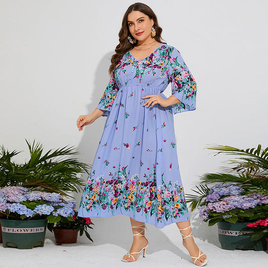 Plus Size Spring Dress Floral Chiffon Elastic Waist Flare Sleeve Vacation Dress