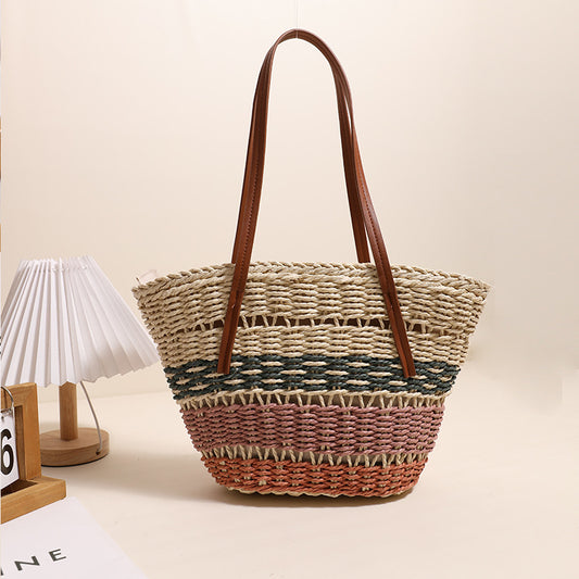 Colorful Striped Shoulder Straw Bag Large Capacity Straw Bag Woven Bag Rattan Women Bag Portable Vegetable Basket One Size Three-Color Basket Green Pink Orange