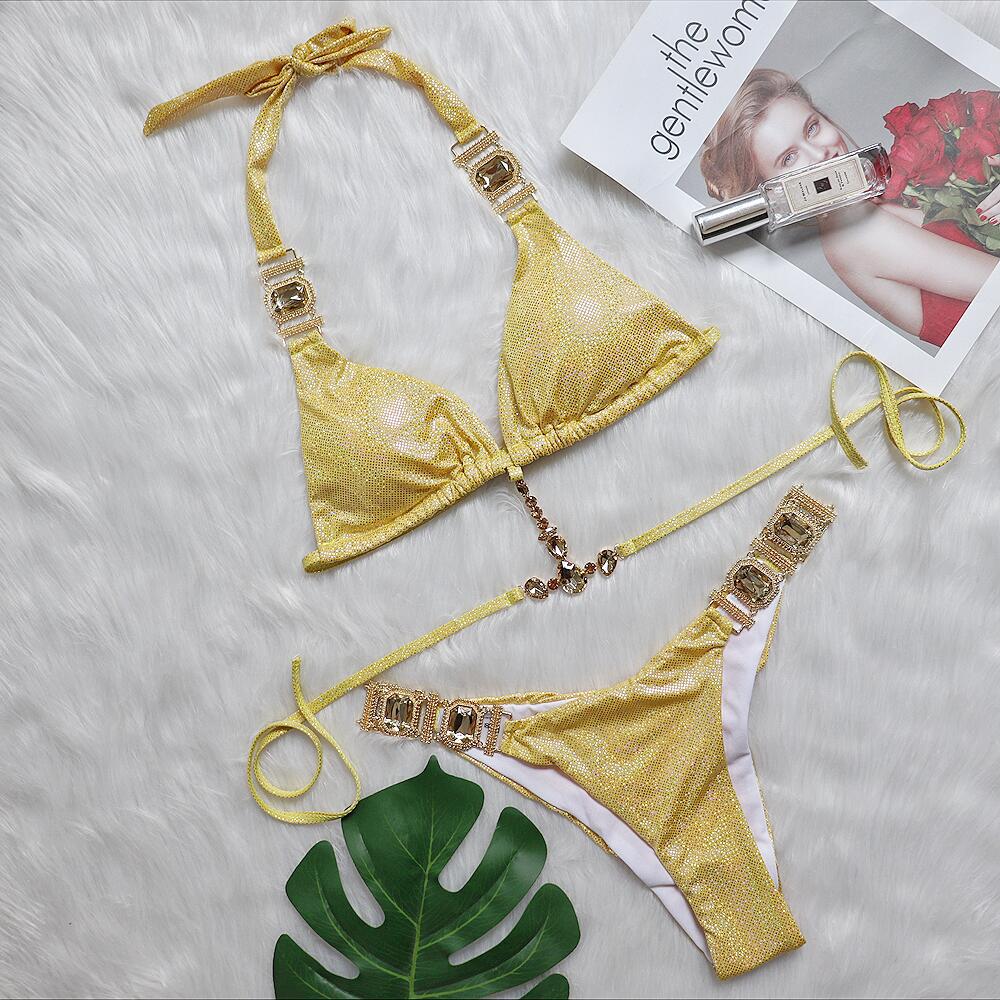 Sexy Crystal Diamond Bikini Strap Women Split Swimsuit Beach Swimsuit Gold