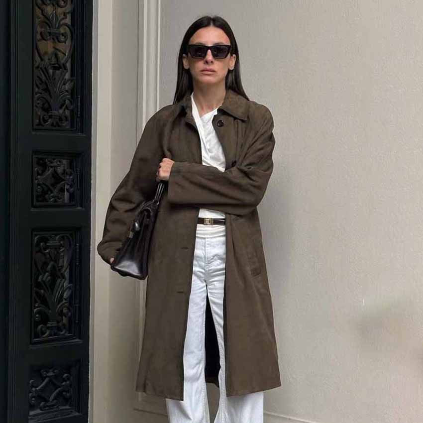 Spring Summer Casual Retro Classic Brown Long Knitted Suede Fabric Long Sleeve Overall Trench Coat Women