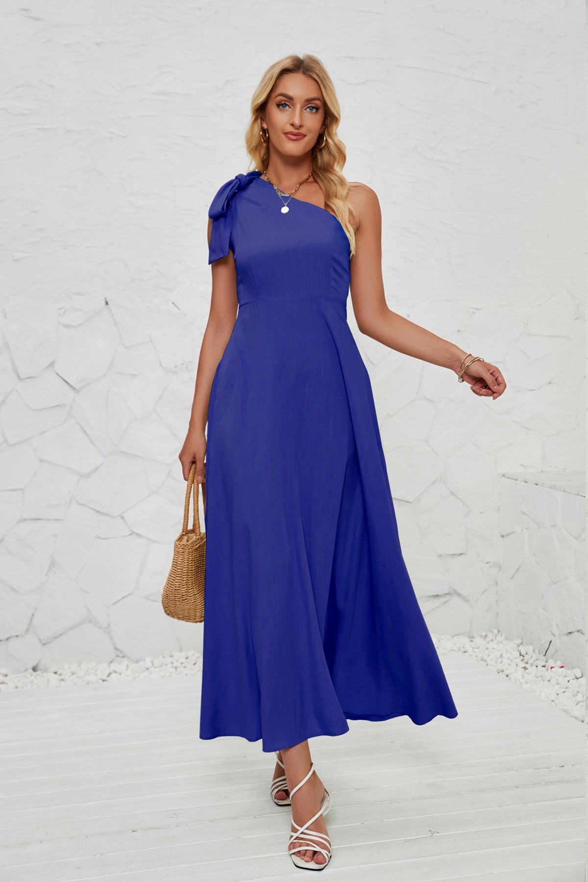 Summer Women Clothing Graceful Fashionable Solid Color One Shoulder Long Beach Party Dress Oblique Shoulder Bow Women Navy Blue
