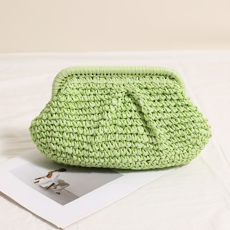 Crossbody Straw Bag Pleated Solid Color Straw Bag Woven Bag Vacation Beach Bag Women Bag One Size Clip Shell Green