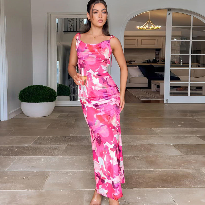 Printed Sexy Backless Waist Trimming Hip Spaghetti Straps Dress Dress Beach Dress