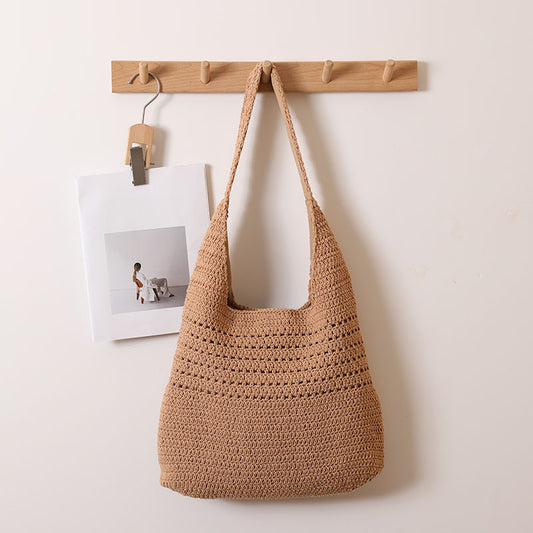 Idle Large Capacity Cotton Thread Woven Bag Hollow Out Cutout Shoulder Straw Bag Vacation Beach Bag Casual Women Bag One Size Coffee