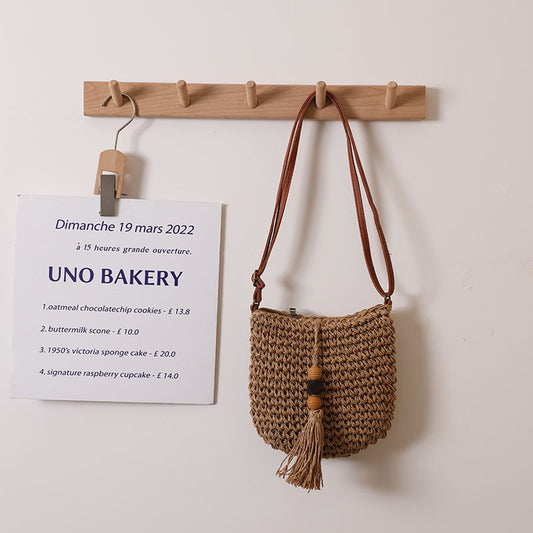 Supply Crossbody Straw Bag Wooden Bead Tassel Straw Bag Woven Bag Vacation Beach Bag Women Shoulder Bag One Size Wooden Bead Tassel Coffee